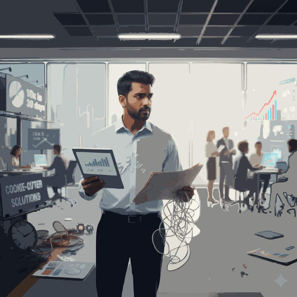 A thoughtful business owner holds a tablet showing positive charts and a tangled map, standing in a busy, modern office with "cookie-cutter solutions" and "10x in 30 days" signs in the background, symbolizing the struggle with ineffective marketing.